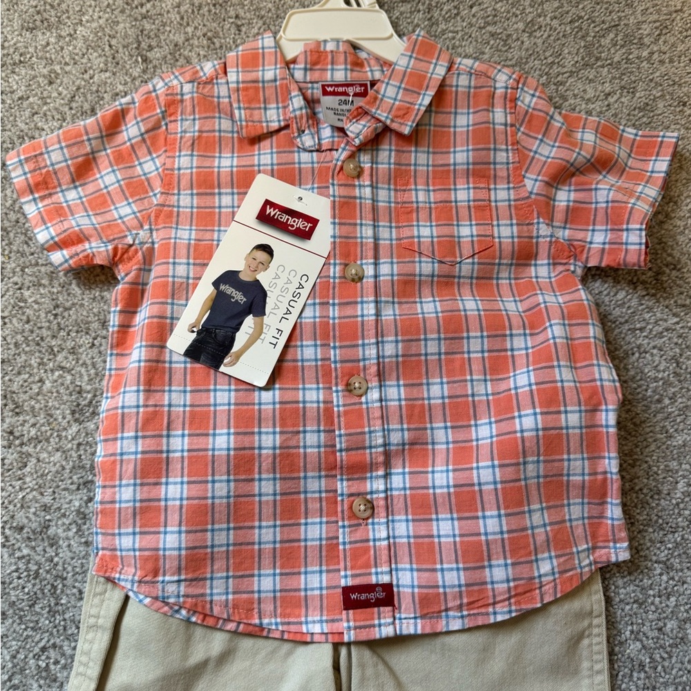 Wrangler Kids Orange Plaid Shirt & Khaki Shorts Set